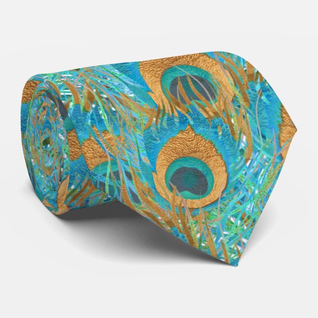 PixDezines Handdrawn H2 Peacock/Cobalt/Aqua Blue Tie (Rolled)