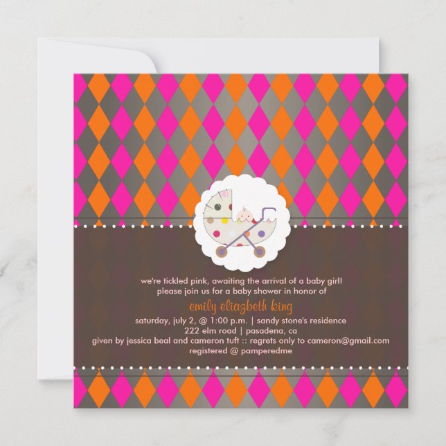PixDezines harlequin/pink+orange/baby shower/DIY Invitation (Front)