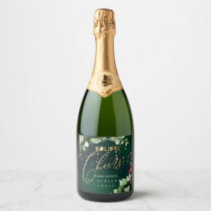 PixDezines Holiday Cheers Winter Wreath Emerald Sparkling Wine Label