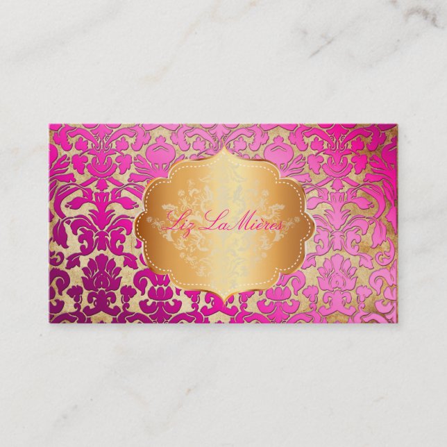 PixDezines hot pink flora damask/faux parchment Business Card (Front)
