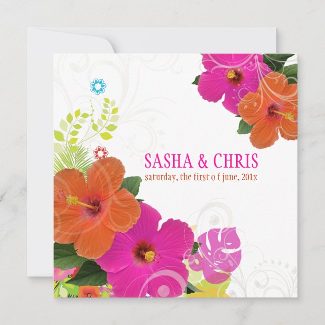 PixDezines hot pink+orange hibiscus/diy background Invitation (Front)