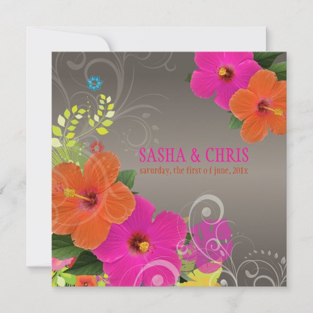 PixDezines hot pink+orange hibiscus+monstera Invitation (Front)