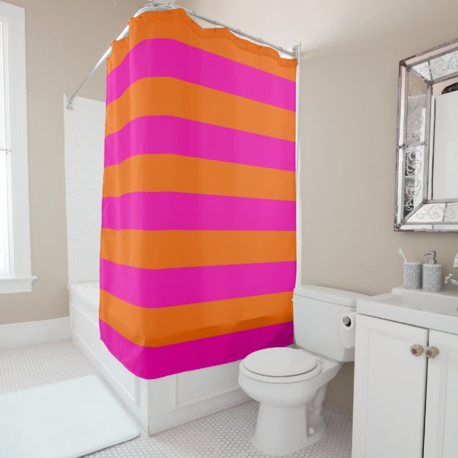 PixDezines Hot Pink/Orange/Stripes Adjustable Shower Curtain (In Situ)