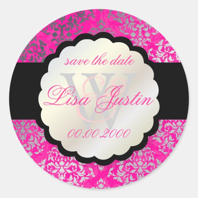 PixDezines Josephine Damask/DIY colour/hot pink Classic Round Sticker (Front)
