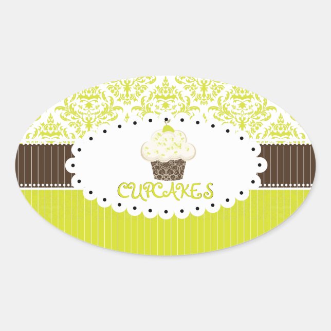 PixDezines key lime cupcake+damask/DIY colour Oval Sticker (Front)