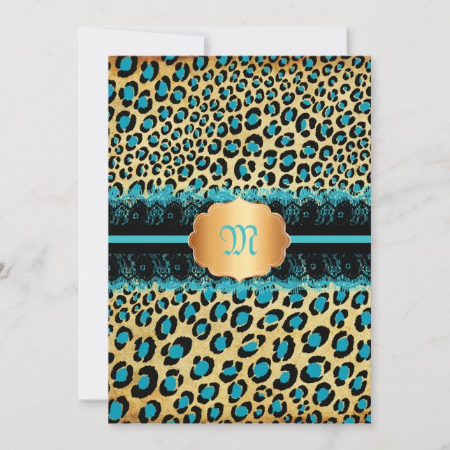 PixDezines lace+leopard spots/teal+black Invitation (Front)