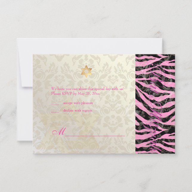 PixDezines LARGE RSVP Zebra/Damask Bat Mitzvah Card (Front)