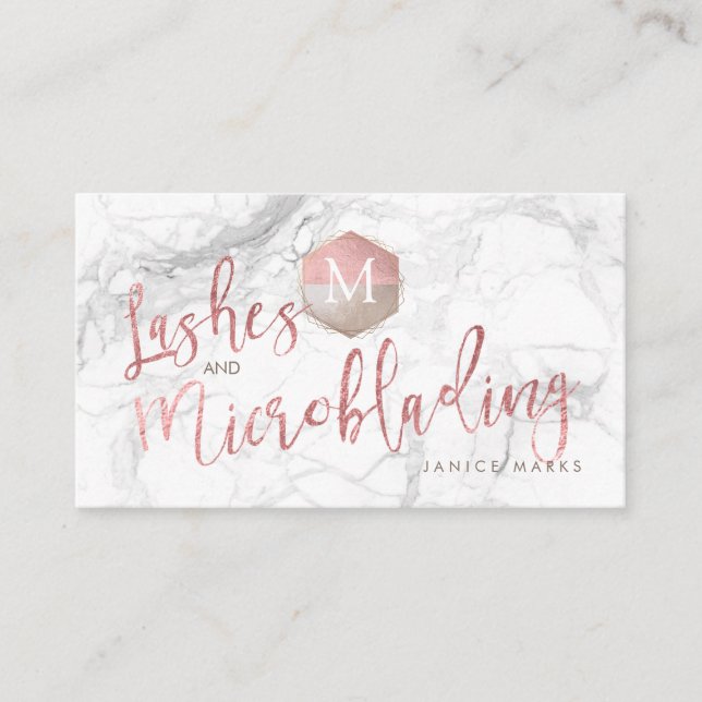 PIXDEZINES LASHES+MICROBLADING MARBLE ROSE GOLD BUSINESS CARD (Front)