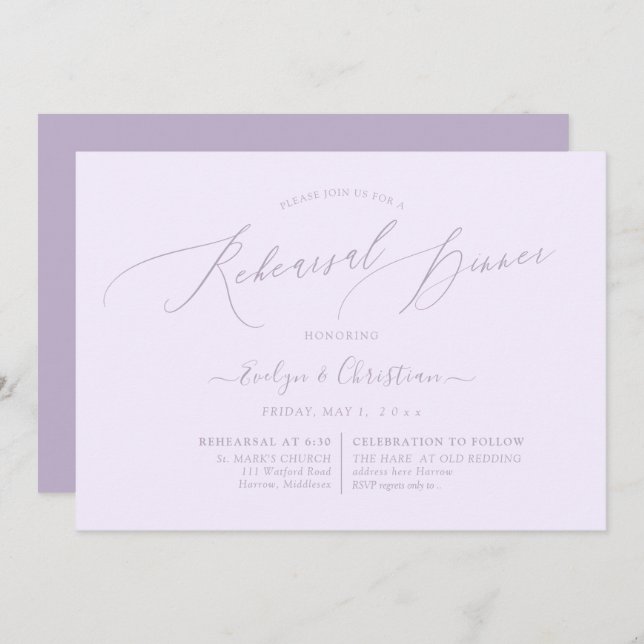 PixDezines Lilac Purpl Minimalist Rehearsal Dinner Invitation (Front/Back)