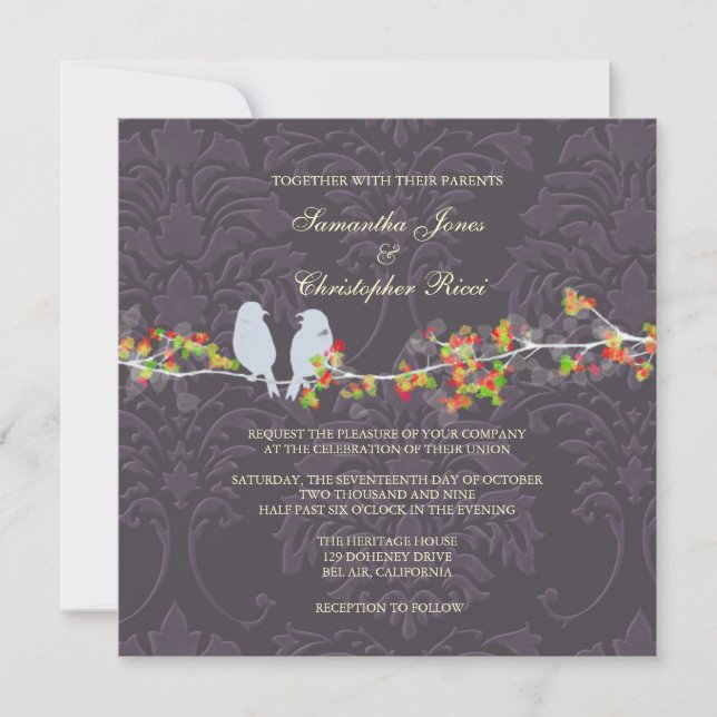 PixDezines LOVE BIRDS/PURPLE DAMASK Invitation (Front)