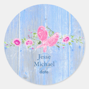 PixDezines love birds+rustic blue wood panels Classic Round Sticker