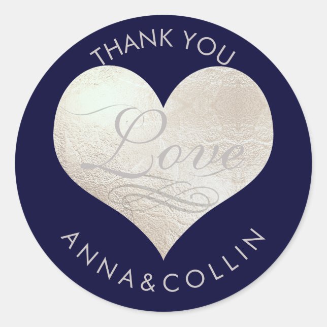 PixDezines Love/Faux Foil Silver Heart/Thank You Classic Round Sticker (Front)