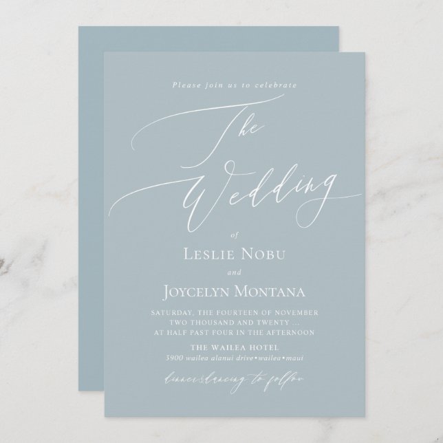 PixDezines Luxe Calligraphy Dusty Blue Wedding Invitation (Front/Back)