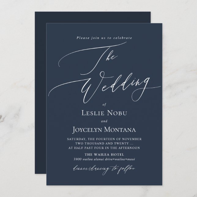 PixDezines Luxe Calligraphy Navy Blue Wedding Invitation (Front/Back)