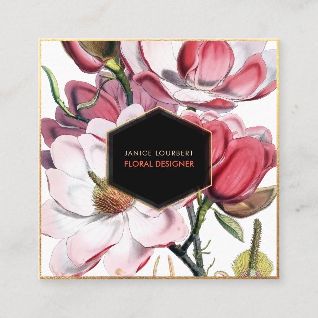 PixDezines MAGNOLIA/VINTAGE BOTANICAL PRINT Square Business Card (Front)