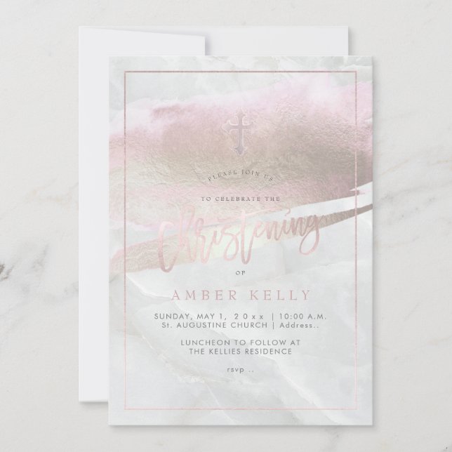 PixDezines Marble+Blush Pink Platinum/Christening Invitation (Front)