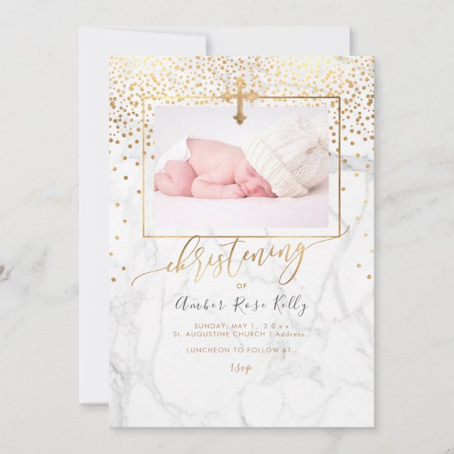 PixDezines Marble+Faux Gold Confetti Christening Invitation (Front)