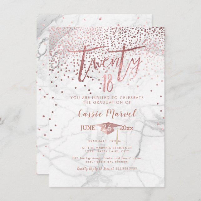 PixDezines Marble Faux Rose Gold 2018 Graduation Invitation (Front/Back)
