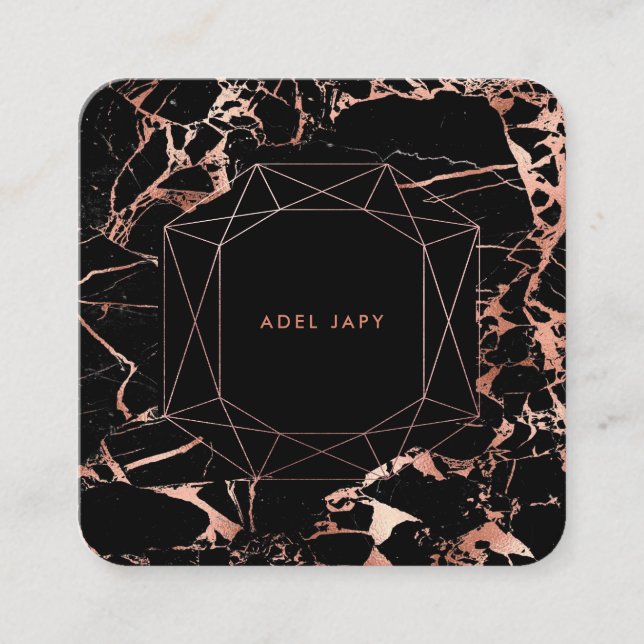 PixDezines Marble+Faux Rose Gold Emerald Cut Square Business Card (Front)