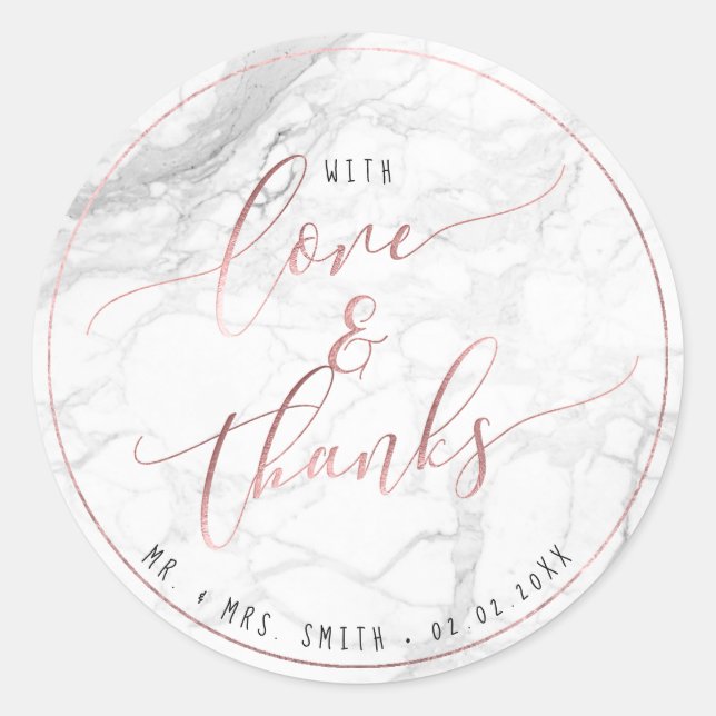PixDezines MARBLE+FAUX ROSE GOLD, LOVE+THANKS Classic Round Sticker (Front)