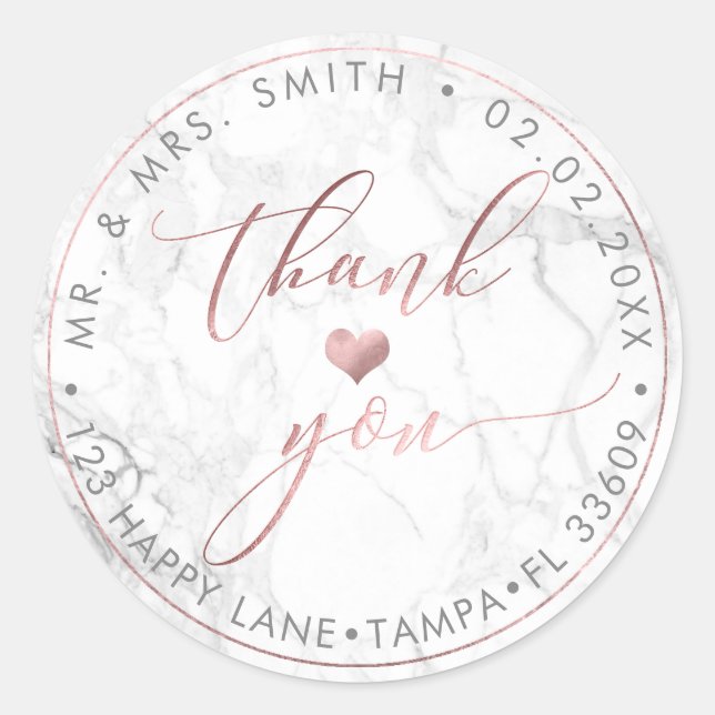 PixDezines MARBLE FAUX ROSE GOLD, THANK YOU+HEART Classic Round Sticker (Front)
