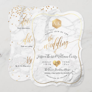 PixDezines Marble+Monogram+Faux Gold Honeycomb Invitation