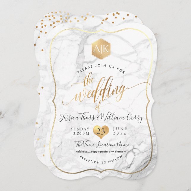 PixDezines Marble+Monogram+Faux Gold Honeycomb Invitation (Front/Back)
