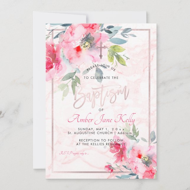 PixDezines Marble+Watercolor Flowers/Baptism Invitation (Front)