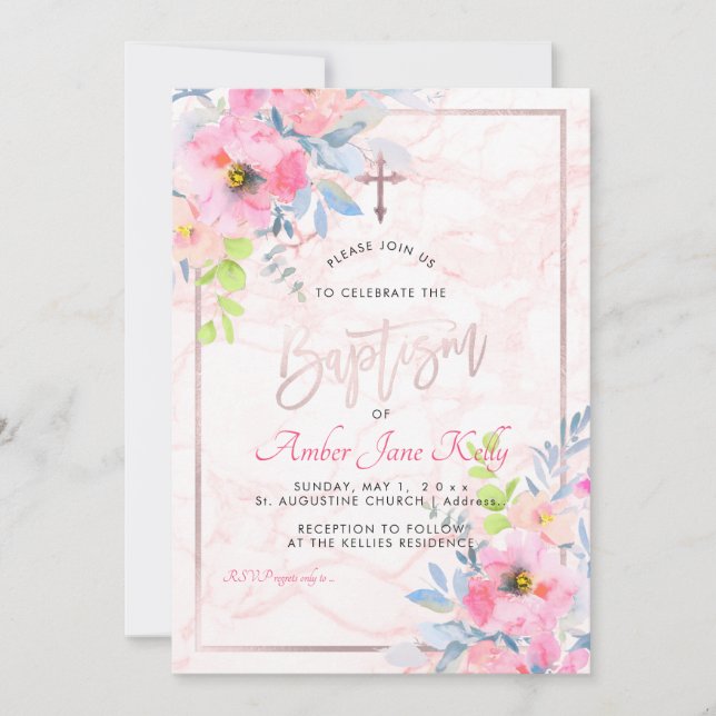 PixDezines Marble+Watercolor Flowers/Baptism Invitation (Front)