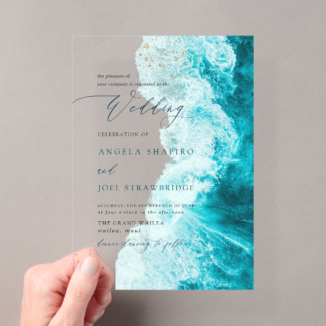 PixDezines Marine Waves Shoreline Beach Wedding Acrylic Invitations (Insitu (Handheld))