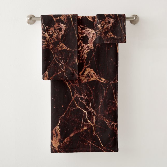 PixDezines MASALA RED MARBLE+FAUX GOLD VEINS Bath Towel Set (Insitu)