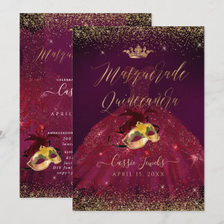 PixDezines Masquerade Quinceanera Burgundy Gold Invitation