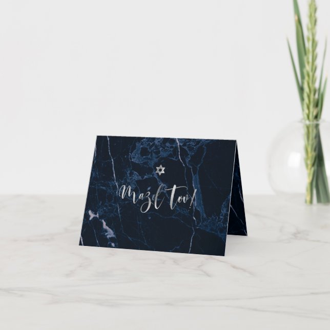 PixDezines Mazel Tov, Navy Blue Marble+Faux Silver Card (Front)