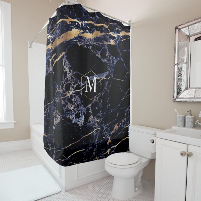 PixDezines MIDNIGHT BLU MARBLE+MONOGRAM Shower Curtain (In Situ)