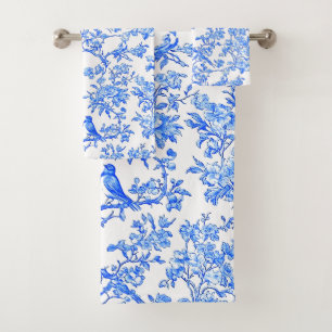 PixDezines Ming Blue Chinoiserie, Birds Peonoies Bath Towel Set
