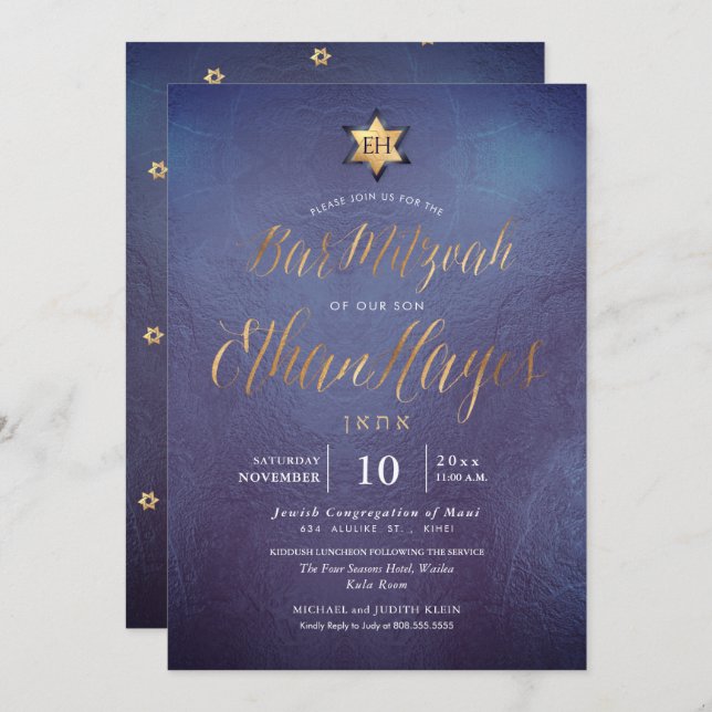 PixDezines Minimalist Ombre Blue Mitzvah, Script Invitation (Front/Back)