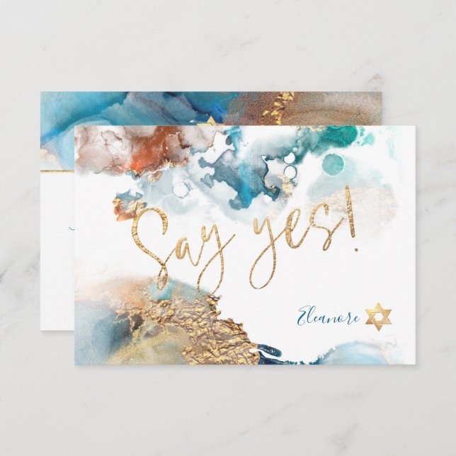 PixDezines Mitzvah✡ H2 Galaxy Abstract Teal Rust RSVP Card (Front/Back)