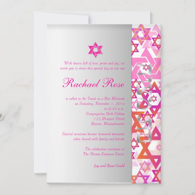 PixDezines mod stars/Bar Mitzvah/hot pink/silver Invitation (Front)