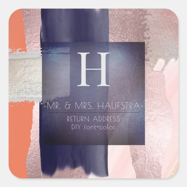 PixDezines Monogram, Blush+Navy+Silver Colour Bloc Square Sticker (Front)