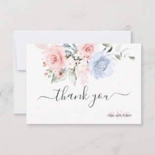 PixDezines Monogram Blush Pink Dusty Blue Roses Thank You Card