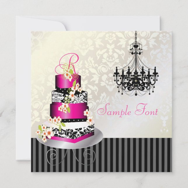 PixDezines monogram bridal, hot pink cake Invitation (Front)
