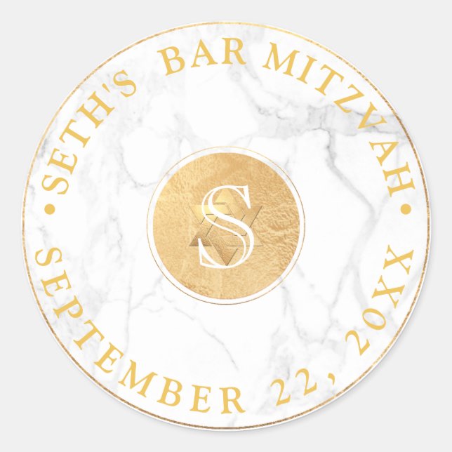 PixDezines Monogram Faux Gold+Marble Mitzvah Classic Round Sticker (Front)