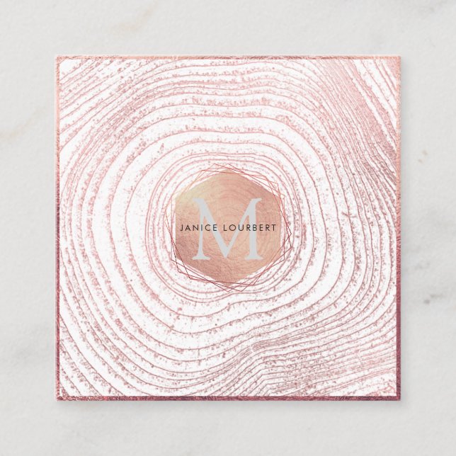 PixDezines MONOGRAM/FAUX ROSE GOLD TREE RINGS Square Business Card (Front)
