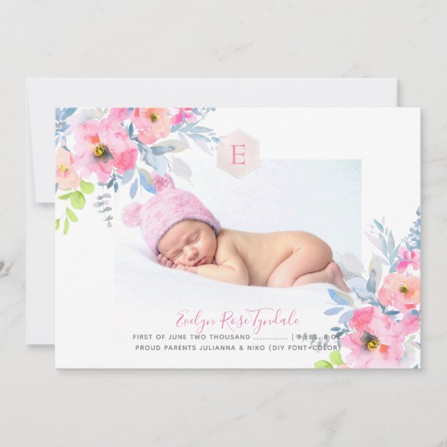 PixDezines Monogram+Garden Roses Birth Baby Girl Announcement (Front)