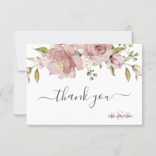 PixDezines Monogram H2 Dusty Rose Flowers Thank You Card