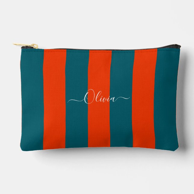 PixDezines Monogram Stripe Teal Rust Orange Accessory Pouch (Front)