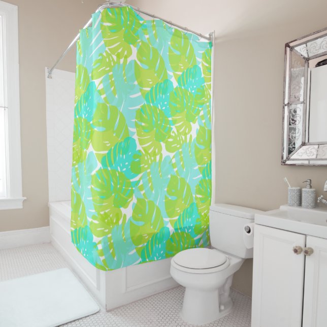 PixDezines Monstera/Lime/Aqua/DIY Background Shower Curtain (In Situ)