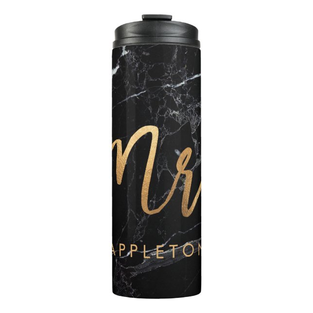 PixDezines Mr. BLACK MARBLE FAUX GOLD Thermal Tumbler (Front)