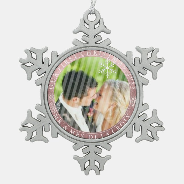 PixDezines Mr.&Mrs. 1st Christmas Rose Gold Frame Snowflake Pewter Christmas Ornament (Front)