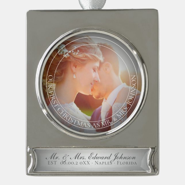 PixDezines Mr & Mrs First Christmas Wedding Photo Silver Plated Banner Ornament (Front)